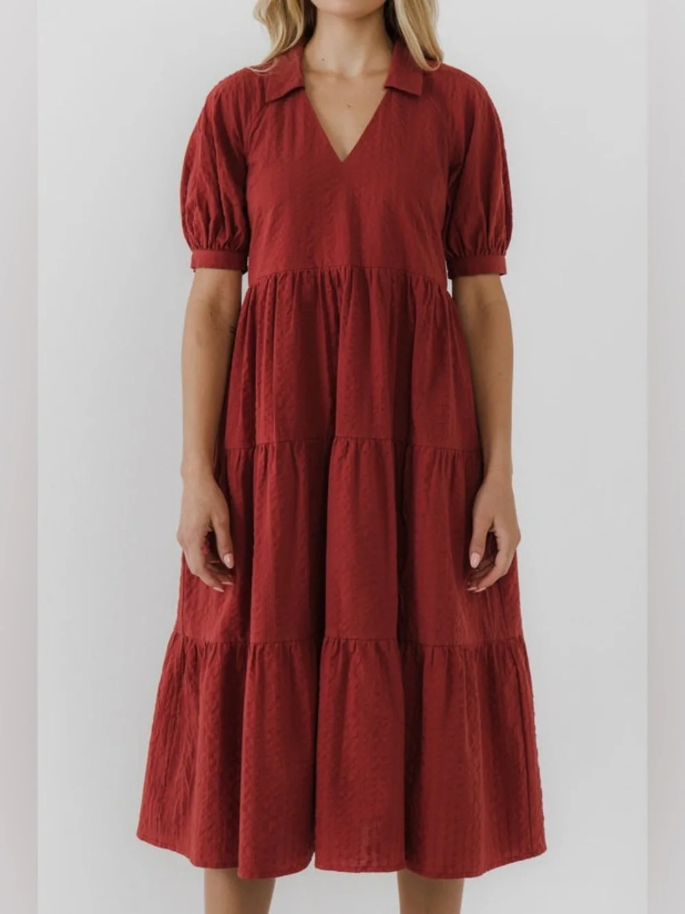 FREE THE ROSES Stripe Texture Tiered Collared Midi Dress in Red - S - Picture 5 of 16